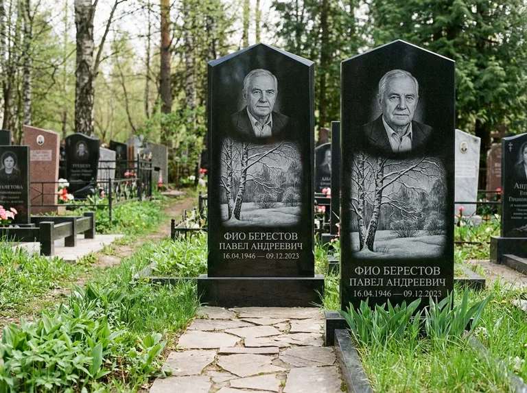 Памятник с гравировкой берёзы: массивная стела с двускатным навершием — зимняя берёза, снег на ветвях, дорожка из природного плитняка, работа «Берестов» в Якутске
