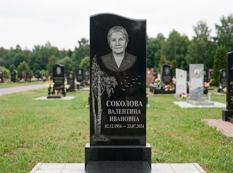 Памятник с гравировкой берёзы: узкая вертикальная стела-пилон — берёза и стая птиц в небе, открытая лужайка без ограды, работа «Соколова» в Якутске