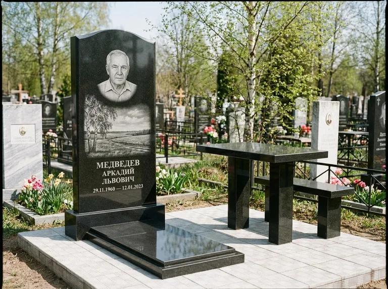 Памятник с гравировкой берёзы: стела с гранитным столиком и скамьёй — берёза у поля, простор до горизонта, семейный участок с плиткой, работа «Медведев» в Якутске
