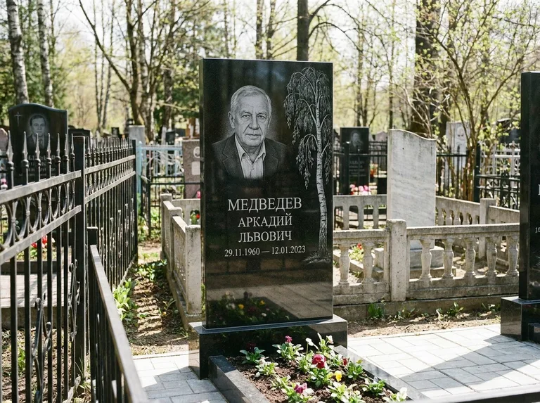Памятник с гравировкой берёзы — гравировка плакучей берёзы с тонкими ветвями, работа «Медведев» в Якутске