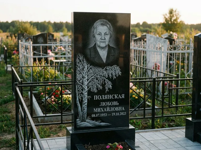 Памятник с гравировкой берёзы — гравировка зимней берёзы в инее, работа «Полянская» в Якутске