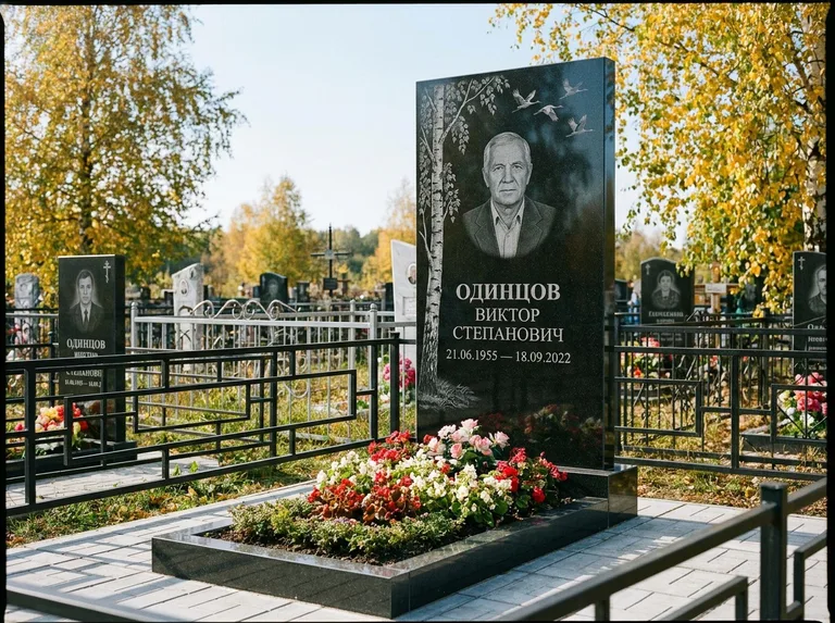 Памятник с гравировкой берёзы — гравировка берёзы с журавлиным клином в небе, работа «Одинцов» в Якутске