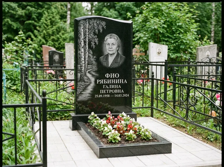Памятник с гравировкой берёзы — гравировка берёзы у тропинки, уходящей вдаль, работа «Рябинина» в Якутске