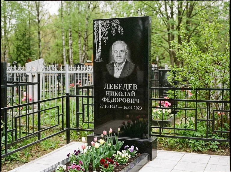 Памятник с гравировкой берёзы — гравировка одинокой берёзы над именем, работа «Лебедев» в Якутске