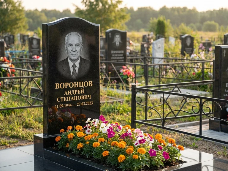Гравировка фото на памятнике в Якутске — готовый гравированный портрет на чёрном граните