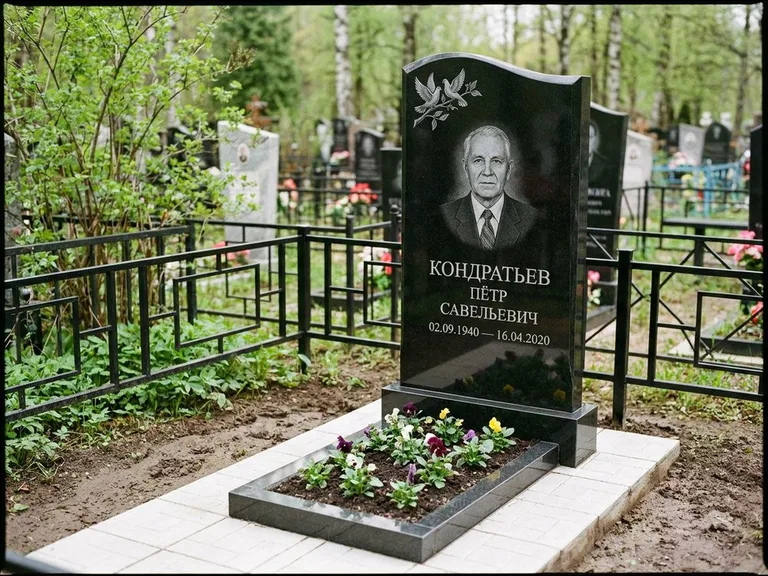 Памятник с гравировкой голубей — гравировка пары голубей на ветке в верхнем углу стелы, работа «Кондратьев» в Якутске