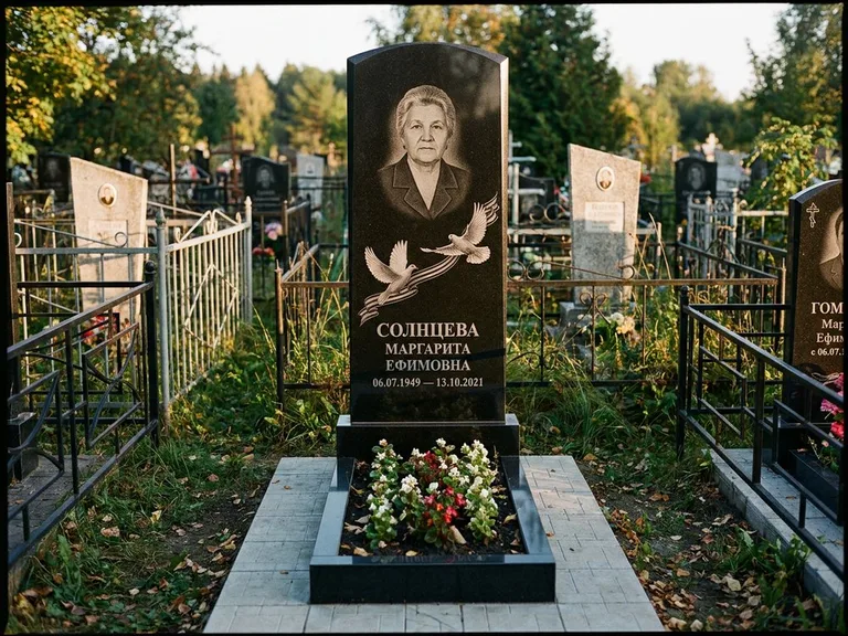 Памятник с гравировкой голубей — гравировка двух летящих голубей с лентой по диагонали стелы, работа «Солнцева» в Якутске