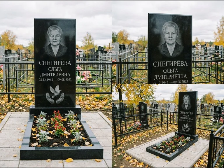 Памятник с гравировкой голубей — гравировка голубя над раскрытыми ладонями внизу стелы, работа «Снегирёва» в Якутске