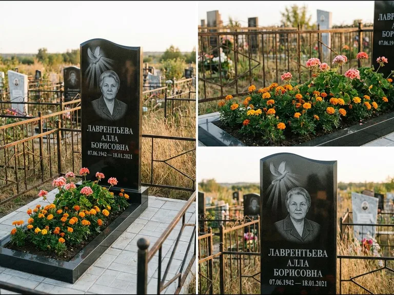 Памятник с гравировкой голубей — гравировка голубя в лучах света над портретом, работа «Лаврентьева» в Якутске