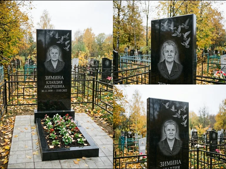 Памятник с гравировкой голубей — гравировка стаи голубей, взлетающей от угла стелы, работа «Зимина» в Якутске