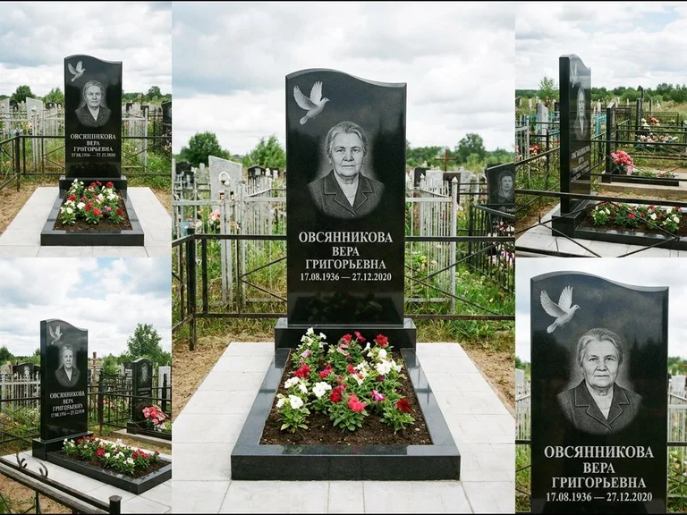 Памятник с гравировкой голубей — белая гравировка взлетающего голубя над портретом, работа «Овсянникова» в Якутске