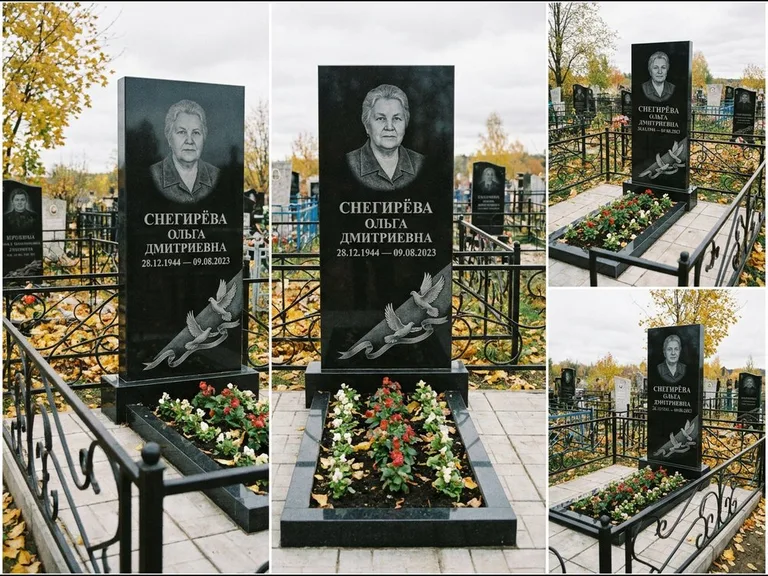 Памятник с гравировкой голубей — гравировка двух летящих голубей с лентой по диагонали стелы, работа «Снегирёва» в Якутске