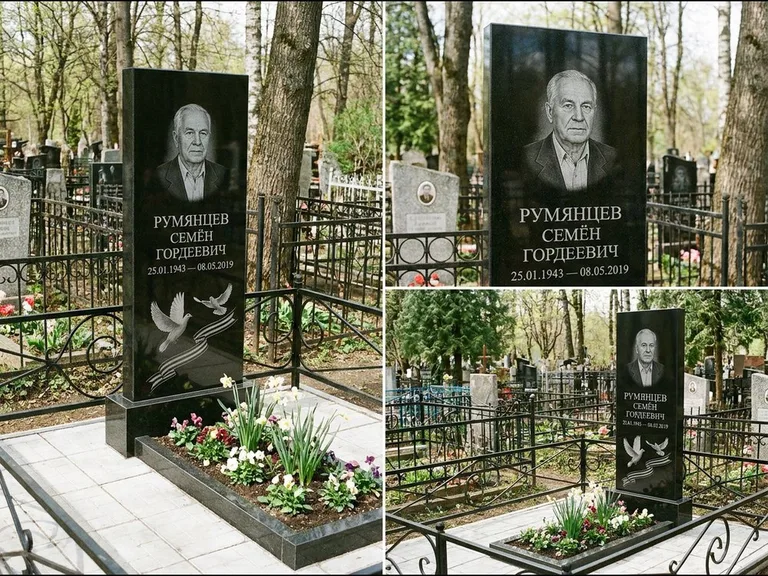 Памятник с гравировкой голубей — гравировка двух летящих голубей с лентой по диагонали стелы, работа «Румянцев» в Якутске