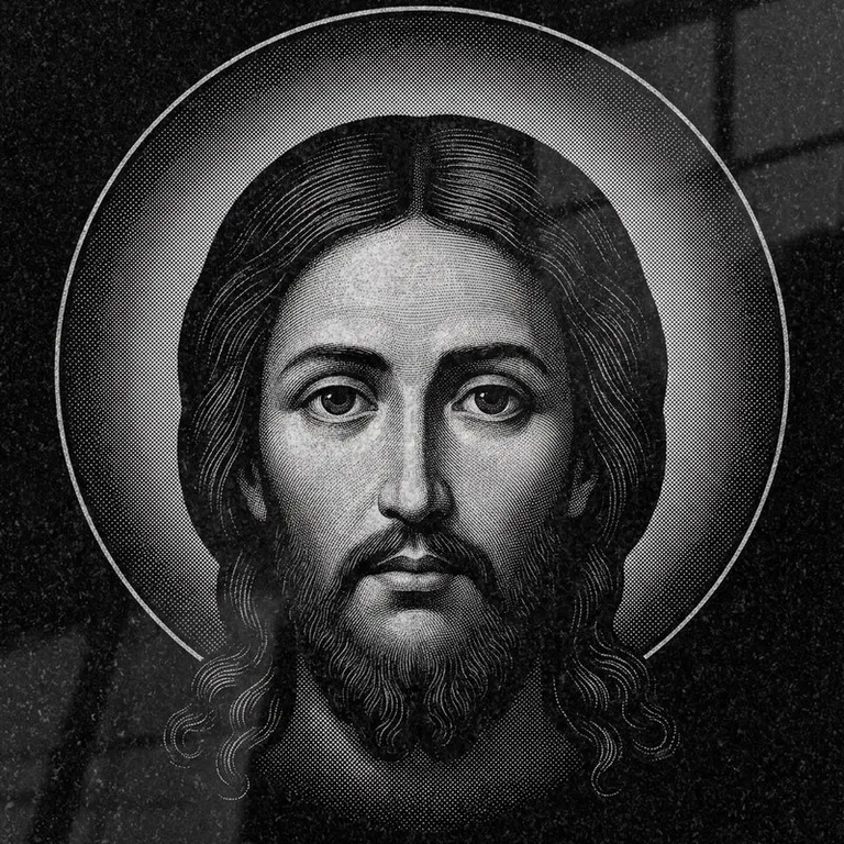 Эскиз иконы: Спас Нерукотворный (полутон) — детальный лик на убрусе, гравировка на памятник в Якутске
