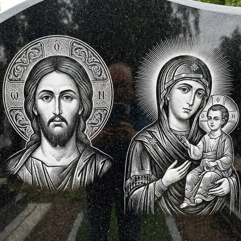 Эскиз иконы: Спаситель и Богородица — парные образы симметрично, гравировка на памятник в Якутске