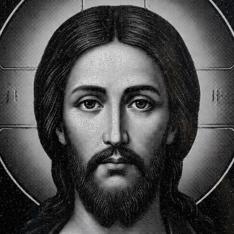Эскиз иконы: Спас Вседержитель (полутон) — объёмный лик, светотень, гравировка на памятник в Якутске