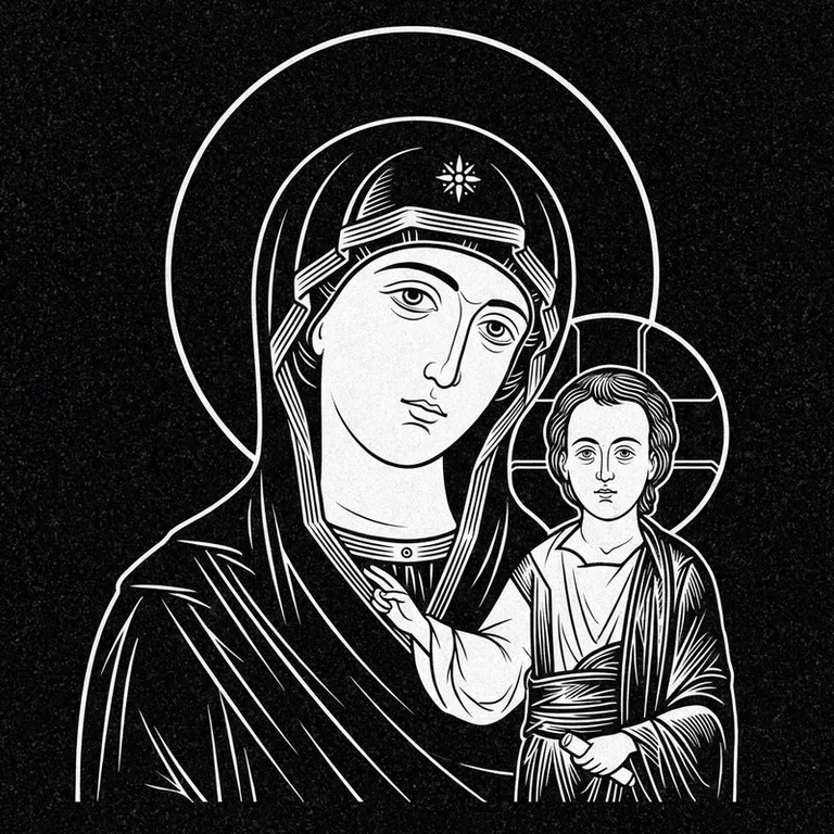 Эскиз иконы: «Утоли моя печали» — облегчение скорби, гравировка на памятник в Якутске