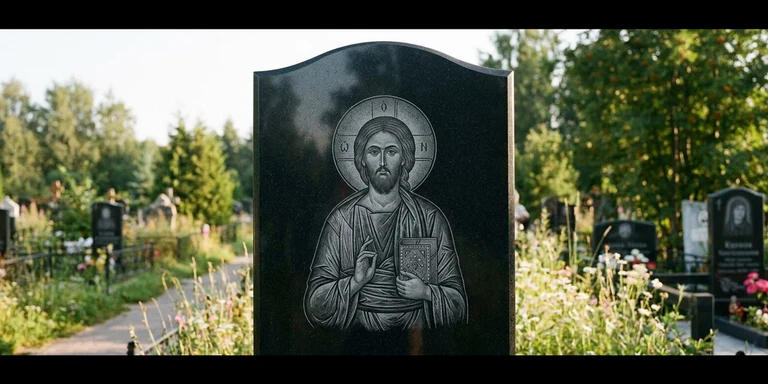 Иконы для гравировки на памятник в Якутске — образ на стеле из чёрного гранита с ручной доводкой лика