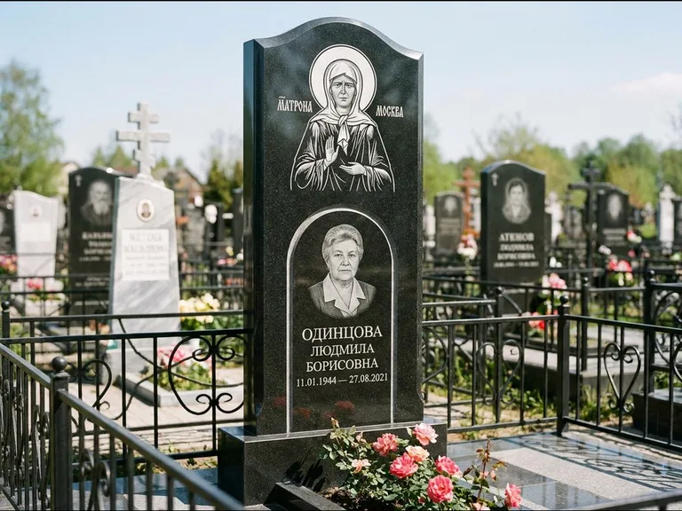 Памятник с гравировкой иконы — Владимирская икона Божией Матери с Младенцем, работа «Зотов» в Якутске