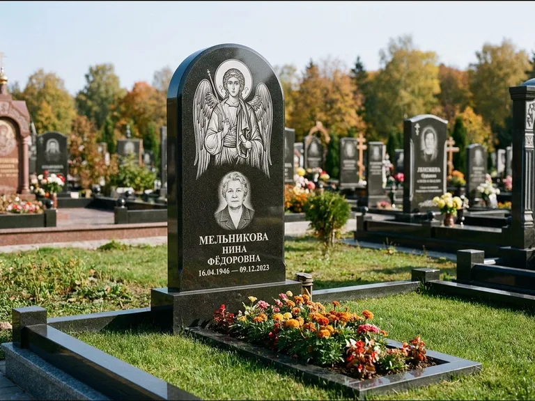 Памятник с гравировкой иконы — икона над портретом усопшего, работа «Журавлёв» в Якутске