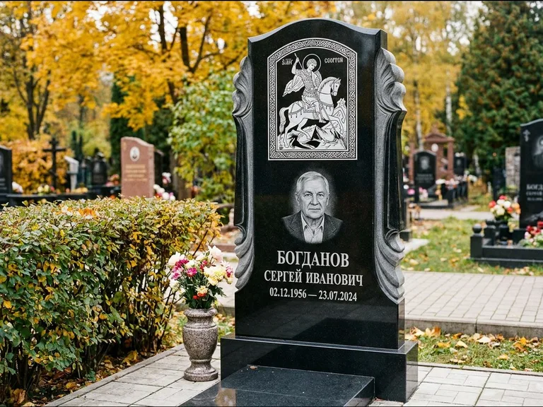 Памятник с гравировкой иконы — икона Спаса Вседержителя над именем усопшего, работа «Лебедева» в Якутске