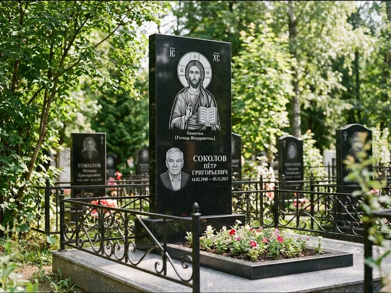 Памятник с гравировкой иконы — икона Спаса Вседержителя над именем усопшего, работа «Воронцова» в Якутске