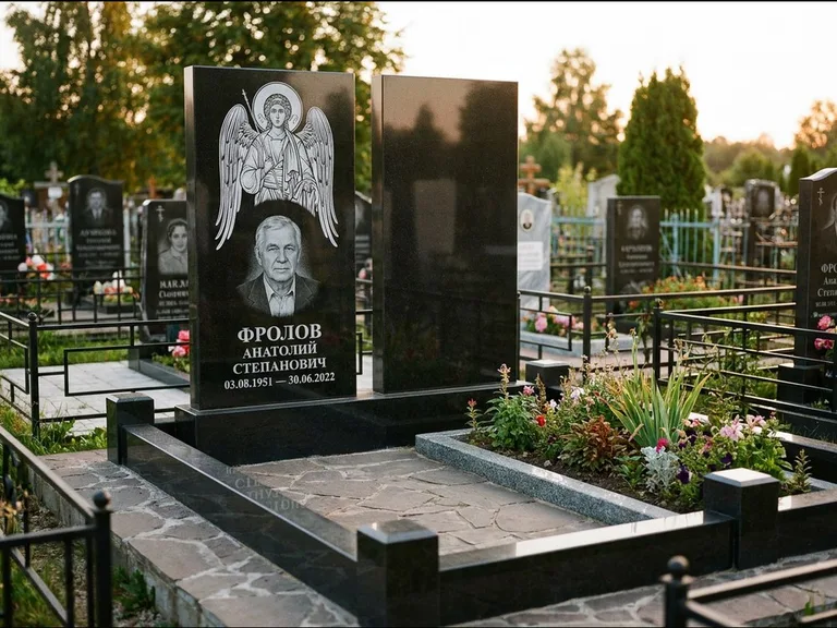 Памятник с гравировкой иконы: стела с резной рамкой вокруг иконы — Архангел Михаил на стеле, белая мраморная крошка с бордюром, работа «Богданова» в Якутске