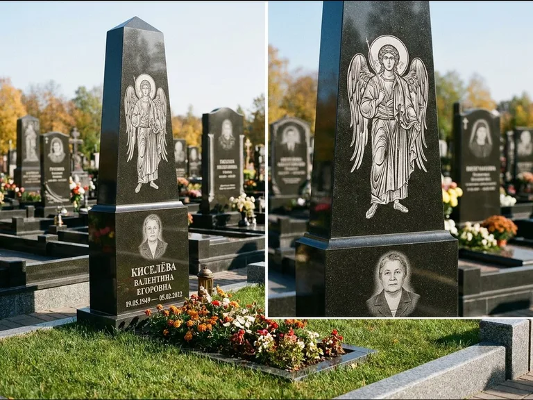 Памятник с гравировкой иконы: асимметричная скошенная стела — гравировка образа Спасителя, живая изгородь из кустарника, работа «Третьяков» в Якутске