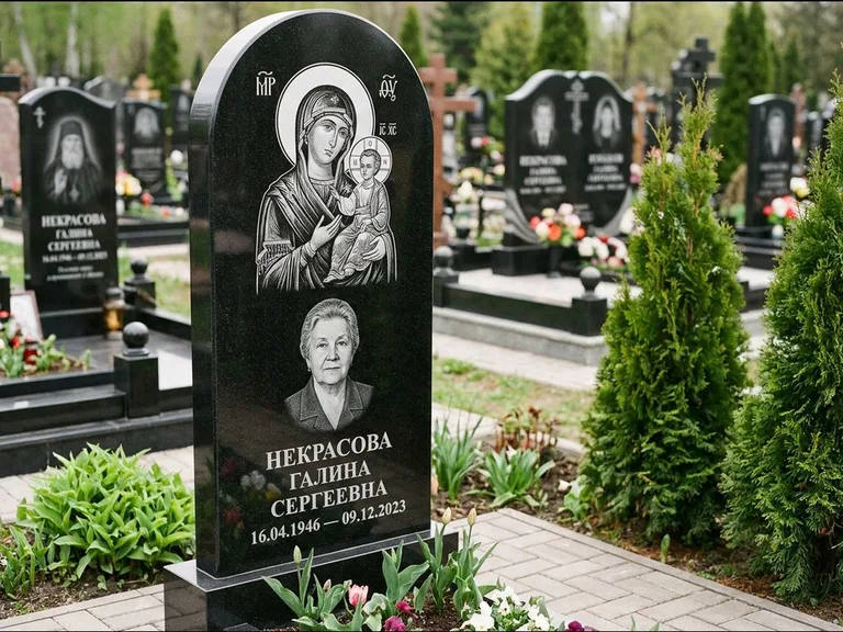 Памятник с гравировкой иконы: фигурная стела с киот-нишей под икону — икона в резной рамке-киоте, светлая гравийная отсыпка, работа «Журавлёв» в Якутске