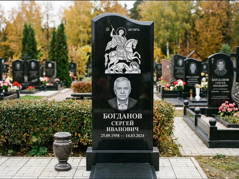 Памятник с гравировкой иконы: монументальный семейный мемориал из двух стел на общем цоколе — гравировка Николая Чудотворца, мощёная гранитная площадка без ограды, работа «Раевская» в Якутске