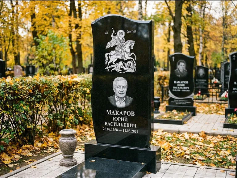 Памятник с гравировкой иконы — икона над портретом усопшего, работа «Раевская» в Якутске
