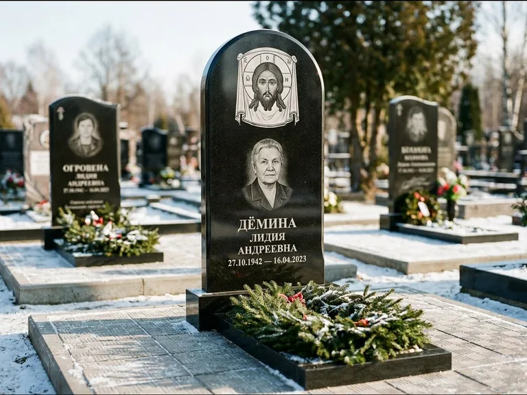 Памятник с гравировкой иконы — икона Спаса Вседержителя над именем усопшего, работа «Ковалёв» в Якутске