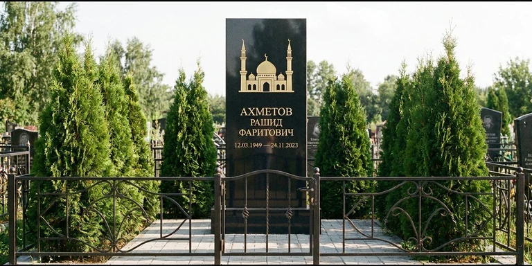 Гравировка мечети на памятник в Якутске — стела из чёрного гранита, оформление по канонам ислама