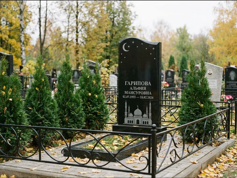 Мусульманский памятник с гравировкой мечети — мечеть с луной в ночном небе, работа «Гарипова» в Якутске