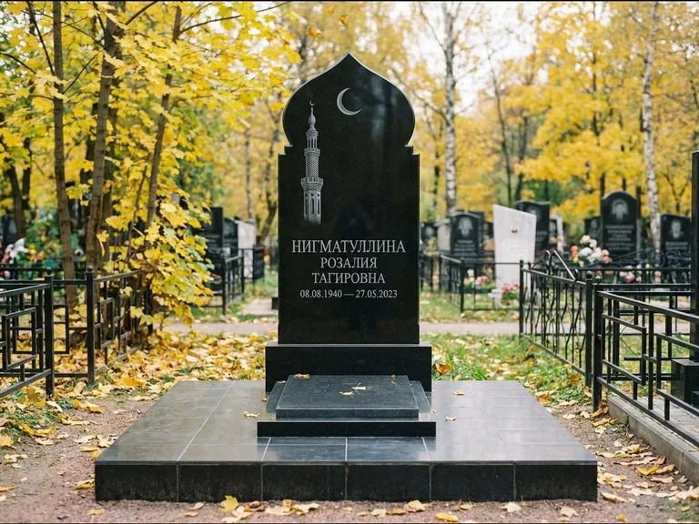 Мусульманский памятник с гравировкой мечети: стела с навершием в форме купола мечети — гравировка минарета с полумесяцем, гранитный цоколь с тёмной плиткой, работа «Нигматуллина» в Якутске