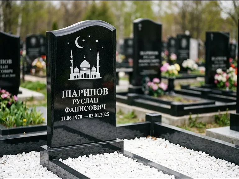 Мусульманский памятник с гравировкой мечети: стела с волнообразным скошенным верхом — гравировка мечети под полумесяцем и звёздами, белая мраморная крошка с бордюром, работа «Шарипов» в Якутске