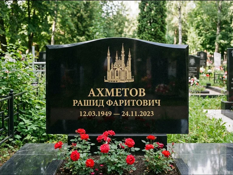 Мусульманский памятник с гравировкой мечети: широкая двойная семейная стела — золочёная гравировка мечети, цветник с красными розами, работа «Ахметов» в Якутске