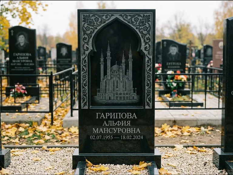 Мусульманский памятник с гравировкой мечети: фигурная стела с михраб-нишей — гравировка мечети в михраб-арке с орнаментом, светлая гравийная отсыпка, работа «Гарипова» в Якутске