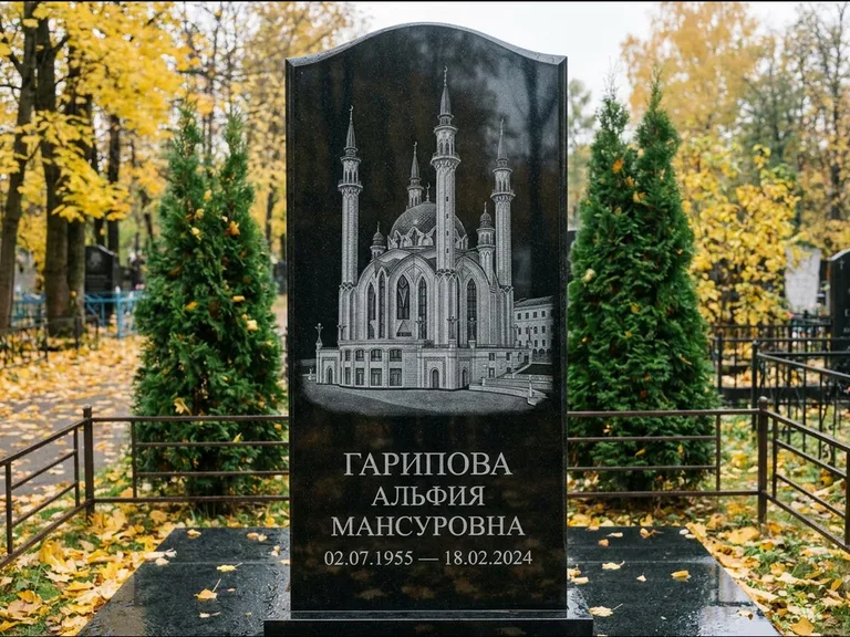 Мусульманский памятник с гравировкой мечети — мечеть Кул-Шариф на обороте стелы, работа «Гарипова» в Якутске