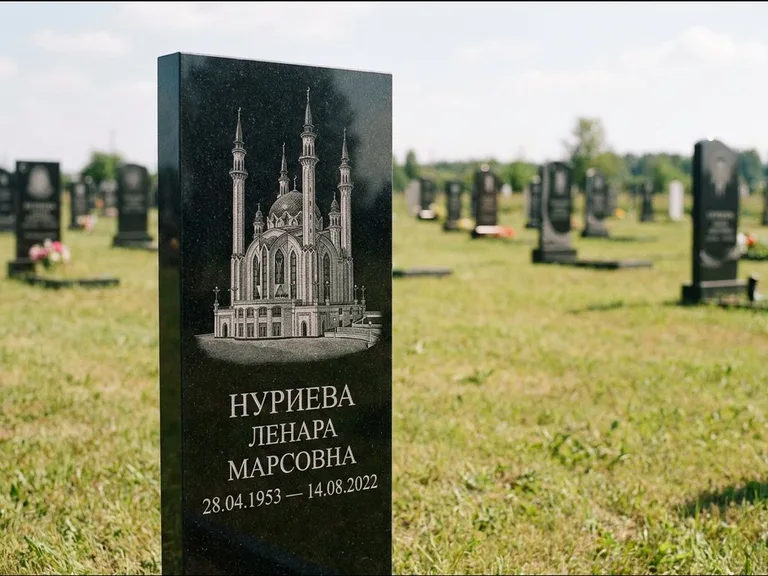 Мусульманский памятник с гравировкой мечети: узкая вертикальная стела-пилон — гравировка мечети в михраб-арке с орнаментом, открытая лужайка без ограды, работа «Хайруллина» в Якутске