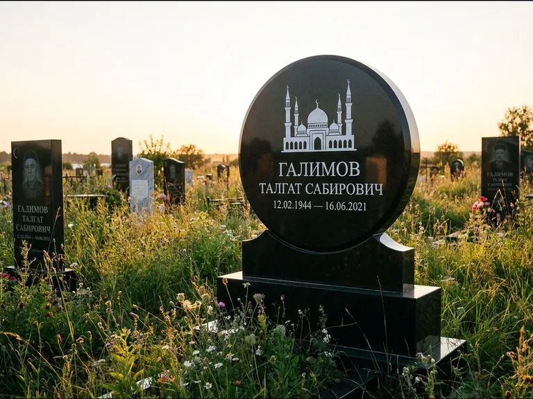 Мусульманский памятник с гравировкой мечети: округлая стела-медальон на тумбе — гравировка мечети в михраб-арке с орнаментом, луговые травы и полевые цветы, работа «Каримов» в Якутске