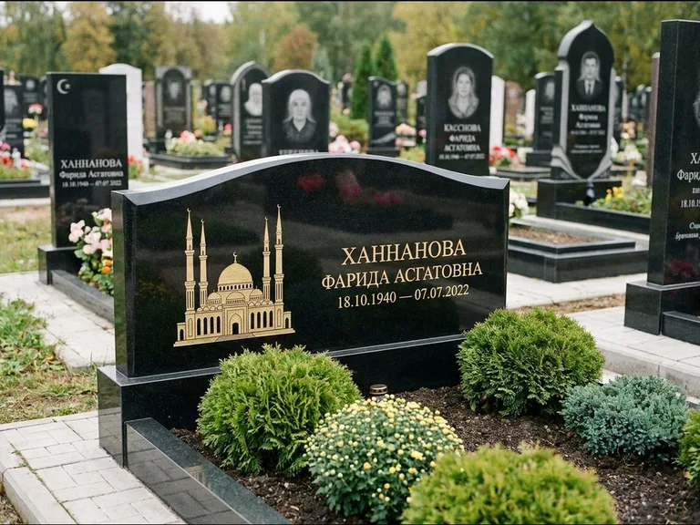 Мусульманский памятник с гравировкой мечети: вытянутая горизонтальная семейная стела с аркой — белая гравировка силуэта мечети с минаретами, участок с декоративными кустами, работа «Гарипова» в Якутске