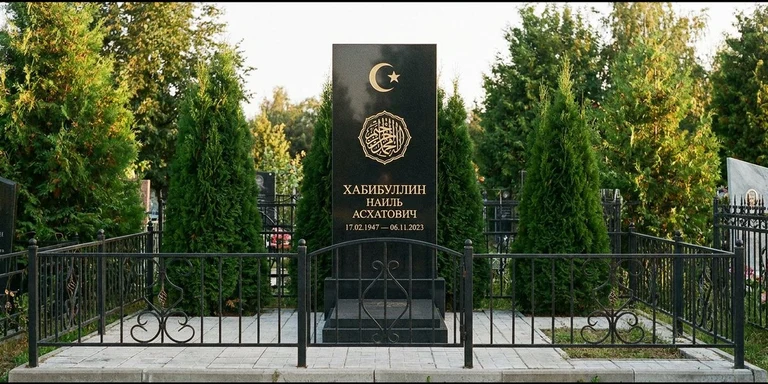 Гравировка на мусульманском памятнике в Якутске — стела из чёрного гранита, оформление по канонам ислама