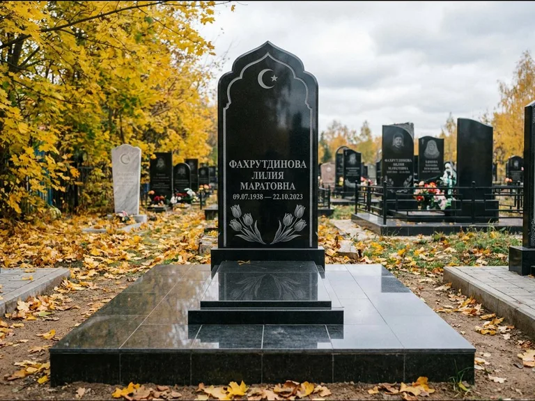 Мусульманский памятник: стела с михраб-навершием в форме арки — гравировка минарета с полумесяцем, гранитный цоколь с тёмной плиткой, работа «Фахрутдинова» в Якутске