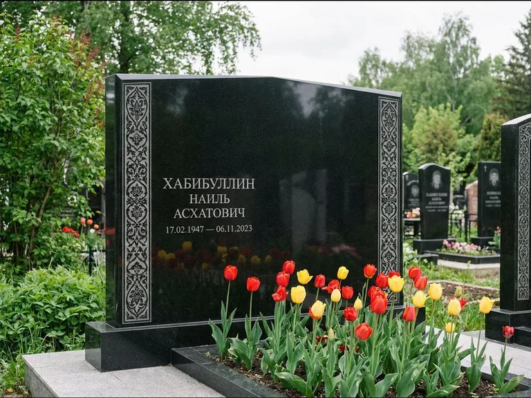 Мусульманский памятник: широкая двойная семейная стела — золочёная гравировка мечети, цветник с тюльпанами, работа «Хабибуллин» в Якутске