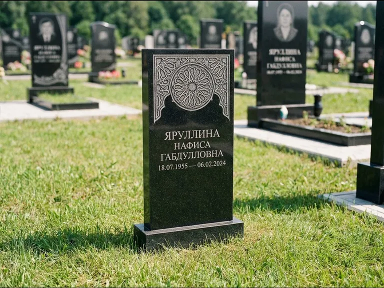 Мусульманский памятник: небольшая скромная невысокая стела — золочёная гравировка мечети, аккуратный участок с газоном, работа «Фахрутдинова» в Якутске