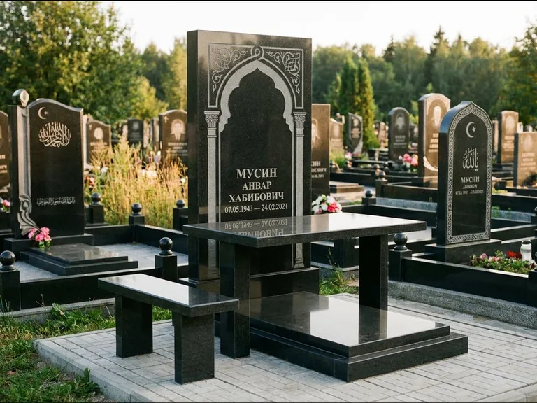 Мусульманский памятник: стела с гранитным столиком и скамьёй — гравировка мечети под полумесяцем и звёздами, семейный участок с плиткой, работа «Гимаев» в Якутске
