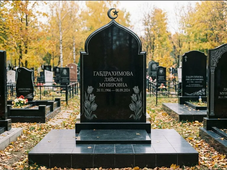 Мусульманский памятник: массивная стела с михраб-навершием — белая гравировка силуэта мечети с минаретами, цоколь тёмной плиткой, работа «Магомедова» в Якутске