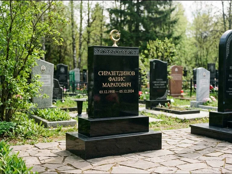 Мусульманский памятник: ступенчатая трёхуровневая стела — золочёная гравировка мечети, дорожка из природного плитняка, работа «Мустафин» в Якутске
