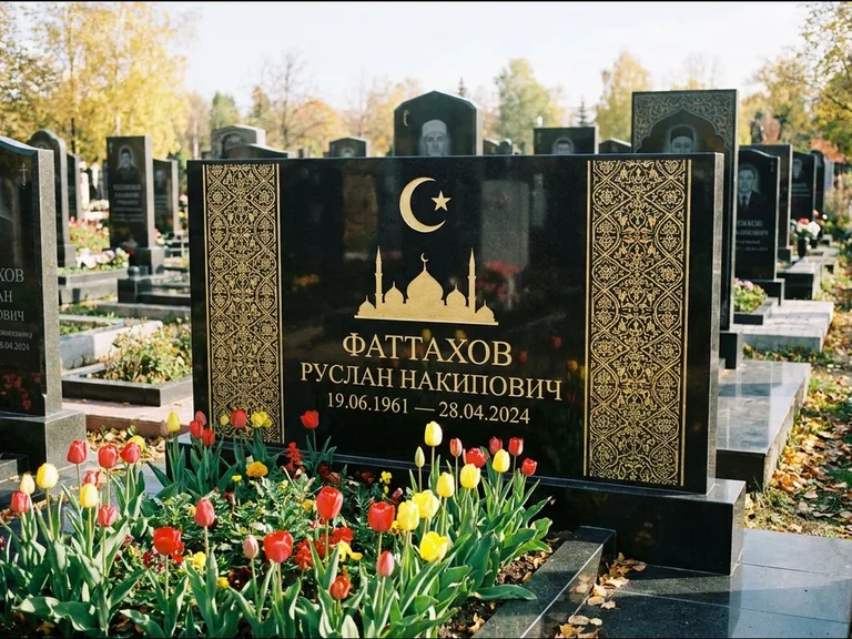 Мусульманский памятник: широкая панорамная стела с золочёным орнаментом — гравировка минарета с полумесяцем, цветник с тюльпанами, работа «Сулейманов» в Якутске
